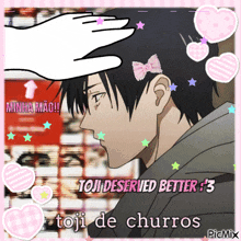 a picture of a man with a pink bow on his hair and the words toji de churros