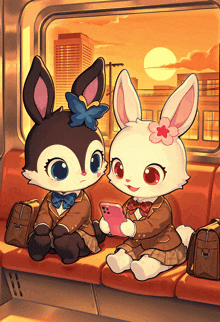 two rabbits are sitting next to each other on a train
