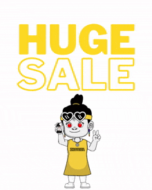 a huge sale sign with a cartoon girl holding a cell phone