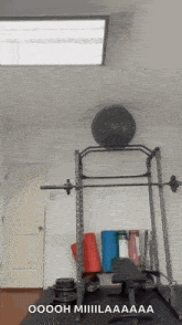 a gym with a barbell on top of a squat rack and a ball on the wall .