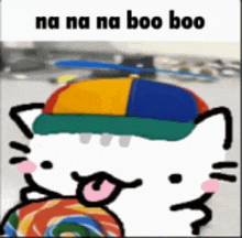 a drawing of a cat wearing a hat and holding a lollipop with the words na na na boo boo below it .