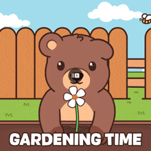 a bear with a flower in its mouth and the words gardening time
