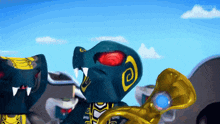 a cartoon of a snake playing a trumpet with a blue sky behind him
