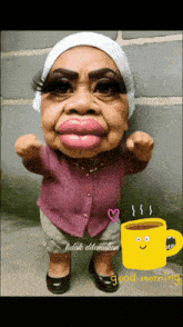 a cartoon of a woman with big lips is next to a cup of coffee