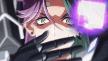 a woman with purple hair and green eyes is holding a purple object in front of her face
