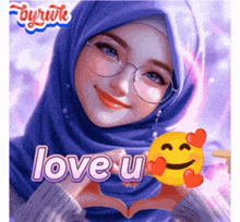 a girl in a hijab making a heart shape with her hands and the words love u on the bottom