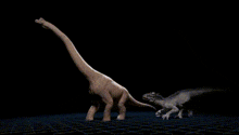 a dinosaur with a long neck is standing next to a smaller dinosaur .
