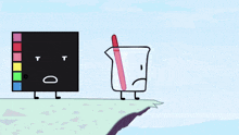 a cartoon character with a sad face is standing next to a cartoon character with a smiley face