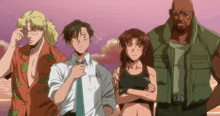 a group of anime characters standing next to each other with one of them wearing a vest that says ' army ' on it