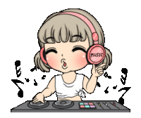 a girl wearing headphones that say music is playing music