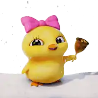 a yellow chicken with a pink bow on its head holds a bell