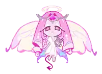 a cartoon character with pink hair and wings is wearing a white dress and a crown .