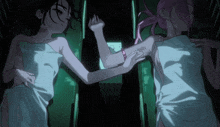 two anime girls are standing next to each other and one has a tattoo on her arm that says 1212