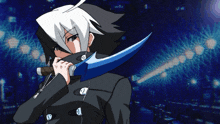 a drawing of a person holding a sword with a blue tip