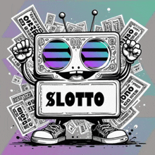 a cartoon drawing of a robot holding a sign that says slotto