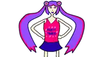 a drawing of a girl with purple hair wearing a pink shirt that says party time