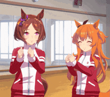 two anime girls are standing next to each other with their hands folded