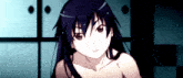 a girl with long black hair is standing in a dark room without a shirt on