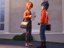 two cartoon characters are standing next to each other and one of them is holding a piece of paper that says i love you