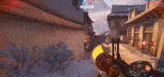 a person is holding a gun in a video game while playing a video game .