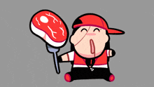 a cartoon character is holding a large piece of meat