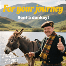 a man in a kilt is standing next to a donkey and giving a thumbs up sign