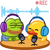 a green frog and a yellow duck wearing headphones are sitting at a table