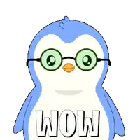 a blue and white penguin wearing glasses and the word wow on its chest
