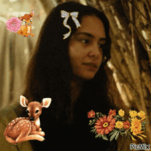 a picture of a woman with a deer and flowers with the words picmix at the bottom