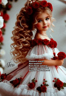a little girl wearing a white dress with red roses and a wreath of red roses