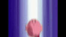 a pink cartoon character is standing in front of a purple curtain with a light coming out of it .