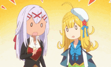 a cartoon character with a cross on her head stands next to another character