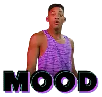 a man wearing a purple tank top with his mouth open and the word mood behind him