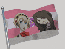 a pink white and purple flag with two anime girls on it
