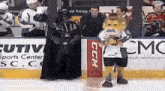 a darth vader and a mascot are standing on a hockey rink .