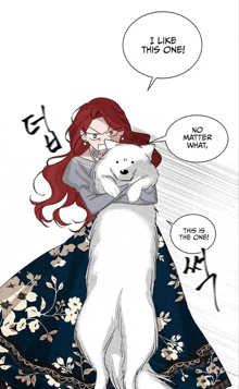 a woman with red hair is holding a white dog with a speech bubble that says i like this one