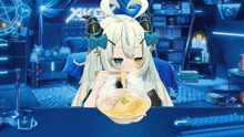 a girl with horns is eating ramen with chopsticks in front of a sign that says xikg