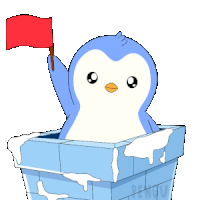 a penguin is holding a red flag in a box with the word penguin on the bottom