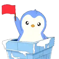 a penguin is holding a red flag in a box with the word penguin on the bottom