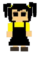 a pixel art drawing of a little girl with pigtails wearing overalls and a yellow shirt .