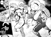 a black and white drawing of two soccer players fighting for a soccer ball