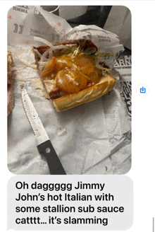 a picture of a john 's hot italian with some stallion sub sauce on it