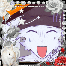 a picture of a cartoon character with a rabbit and roses with picmix written in the corner
