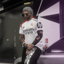 a man in a white emirates fly better shirt