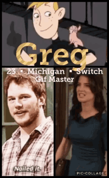 a man and a woman are standing next to each other with the words greg 23 michigan switch gif master nailed it