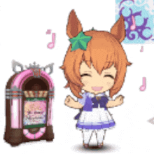 a girl with a green star on her head is standing next to a jukebox