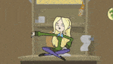 a cartoon of a girl sitting on a shelf with a lizard badge on the wall behind her