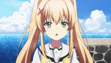 a blonde anime girl with a red x on her hair