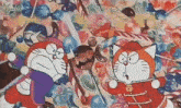 a cartoon of doraemon and a cat standing in front of candy