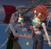 a cartoon character with red hair and a red hat is holding a stick